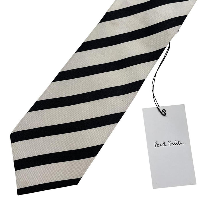 Paul Smith black and white striped silk tie with logo detail, brand new with tags.