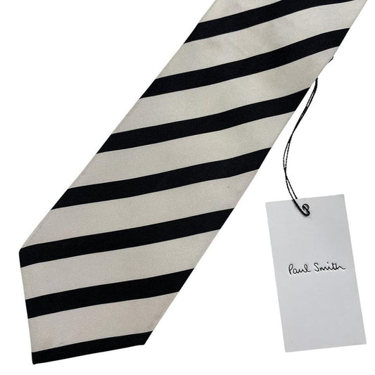 Paul Smith black and white striped silk tie with logo detail, brand new with tags.