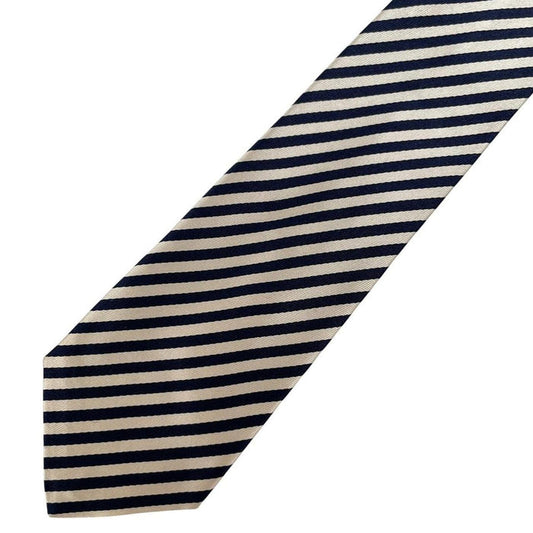 Paul Smith cream and black striped silk tie with logo and brand tags.