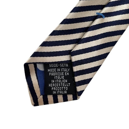 Paul Smith cream and black striped silk tie with logo and brand tags.