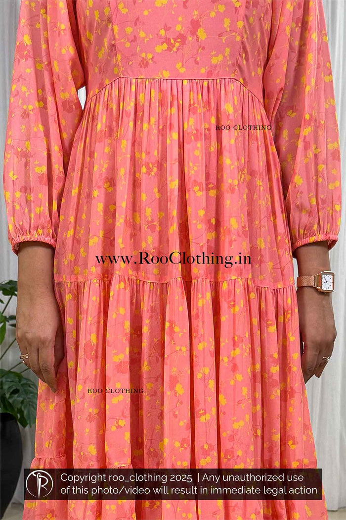 Peachy Tangerine Georgette Tier Midi Dress