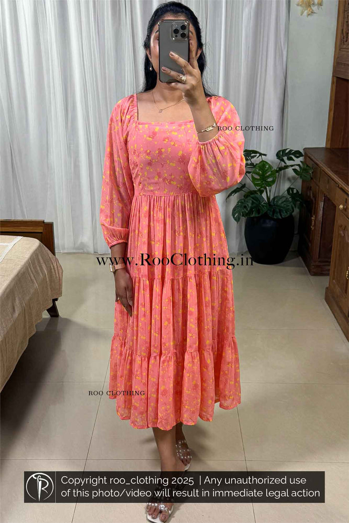 Peachy Tangerine Georgette Tier Midi Dress