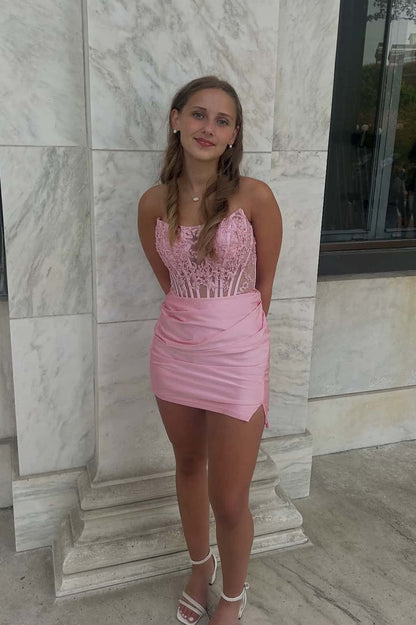 Pink Appliques Ruched Tight Short Dress