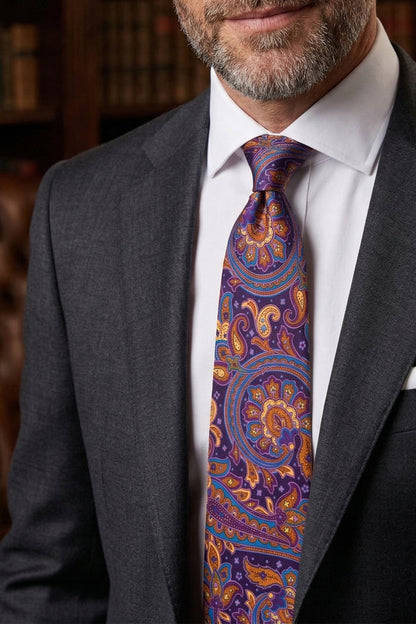 Print Violet tie with vibrant design, ideal for weddings, casual wear, and formal occasions.