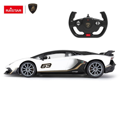 Rastar 1:14 Lamborghini Aventador SVJ 63 Performance Edition RC car in white with black and gold race livery, side profile view alongside the steering wheel controller, showing the "63" door number and Italian flag decal.