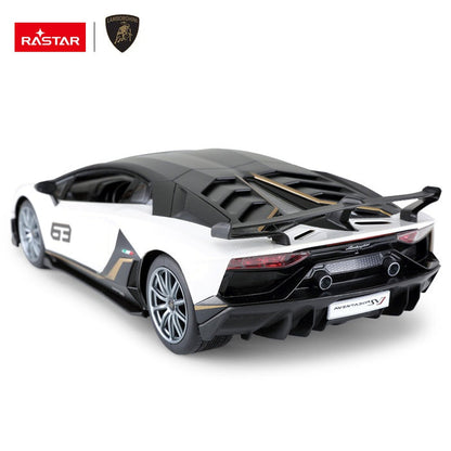 Rastar 1:14 Lamborghini Aventador SVJ 63 Performance Edition RC car in white, rear three-quarter view showing the carbon-effect black roof, large rear spoiler, Aventador SVJ badge, twin exhaust tips, and gold trim detail.