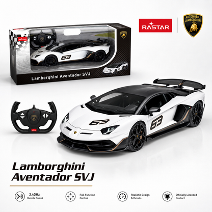 Rastar 1:14 Lamborghini Aventador SVJ 63 Performance Edition RC car in white with "63" race livery, shown in its retail packaging box labelled "Lamborghini Aventador SVJ" with the steering wheel controller, highlighting 2.4 GHz remote control, full function control, realistic design, and official licensing.