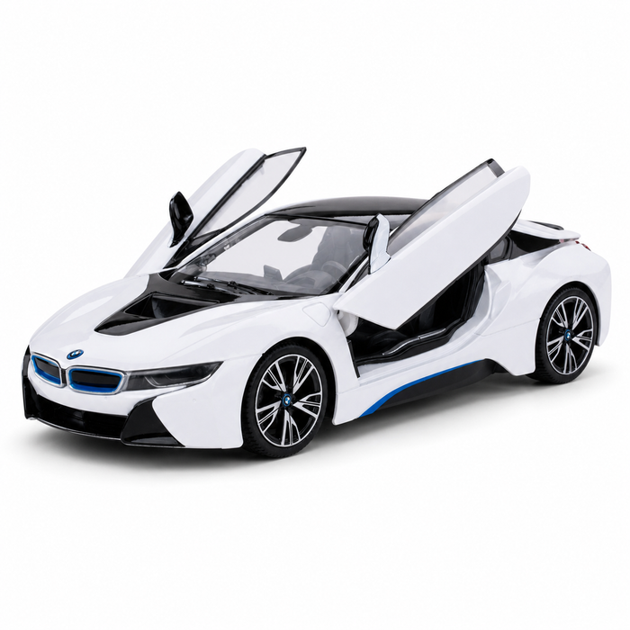 Rastar 1:14 BMW i8 RC car in white with blue accents and open butterfly doors, front 3/4 view on a plain background showing the distinctive scissor-style doors fully raised and the blue-accented kidney grille.