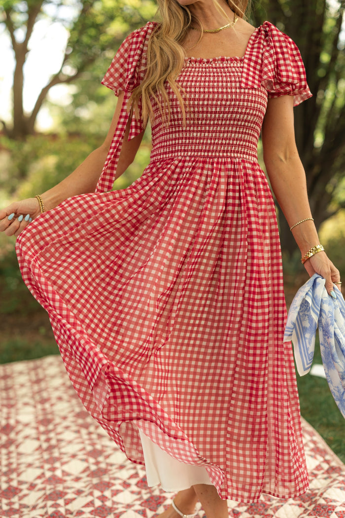 A woman stands outdoors on a patterned rug, holding her skirt and a blue cloth, wearing the Ivy City Co Rayna Dress in Red Gingham with a smocked bodice. Trees and greenery provide the backdrop.