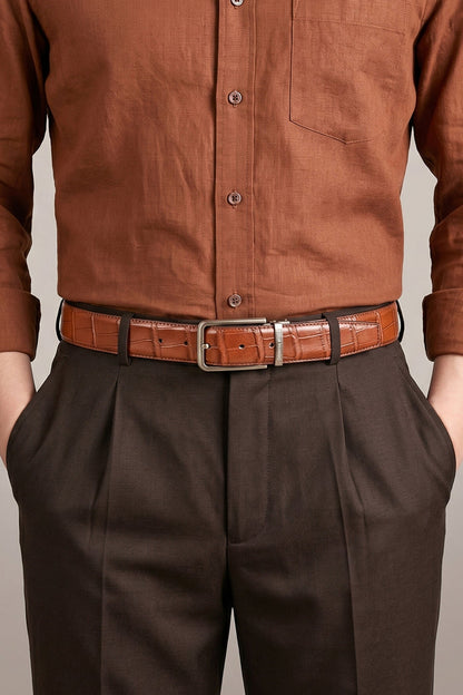 Man wearing Reggie Brown croc effect leather belt for men