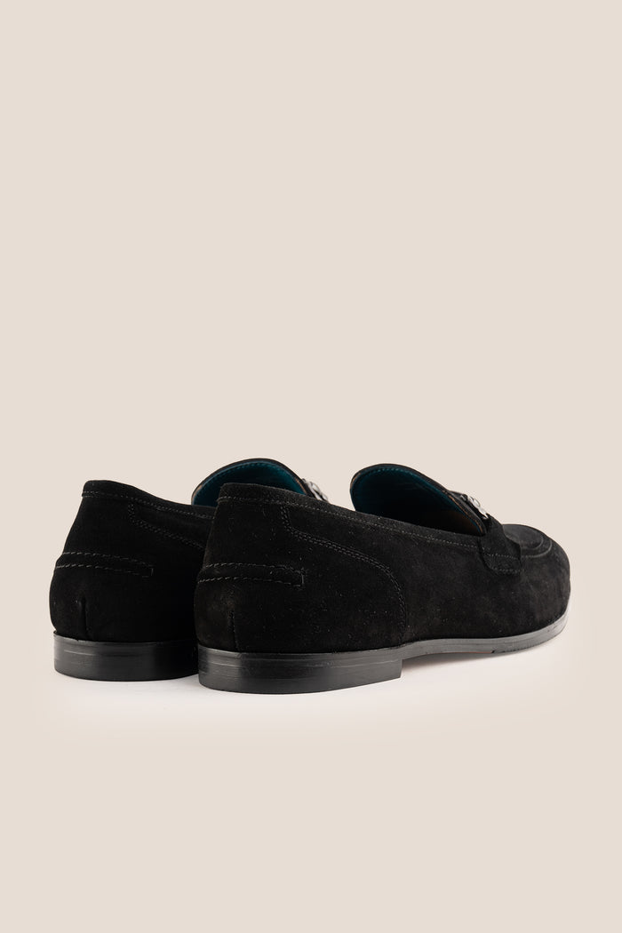 Oswin Hyde Nigel black suede loafer with small silver horsebit detail on the vamp