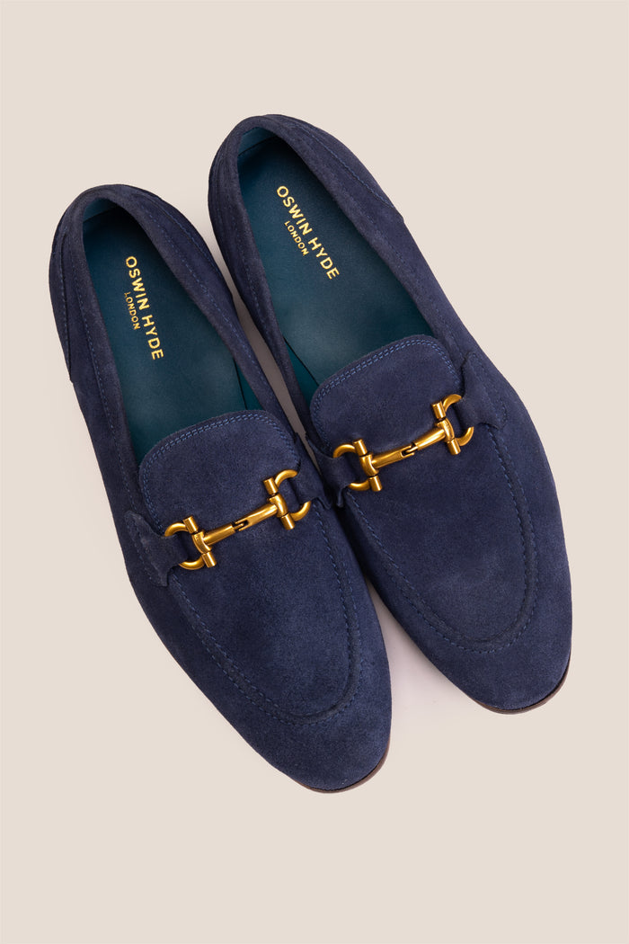 Horsebit men's Navy Suede Premium Loafers by Oswin Hyde with contemporary design and comfort.