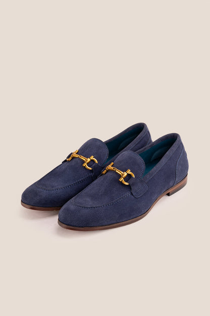 Horsebit men's Navy Suede Premium Loafers by Oswin Hyde with contemporary design and comfort.
