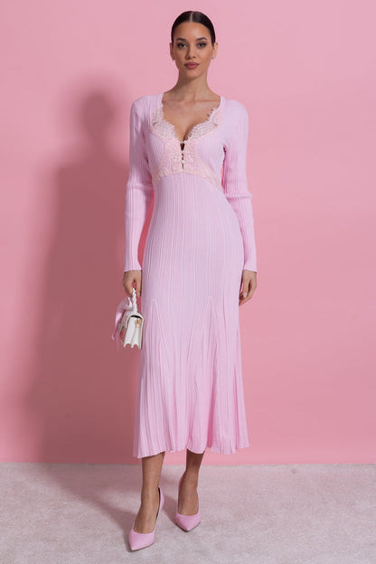 Ribbed Long Sleeve Midi Dress With Lace-Trim V-Neckline - Baby Pink