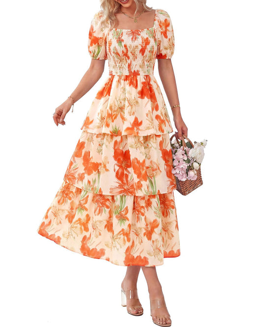 Rosalie Floral Smocked Midi Dress — Square Neck Puff Sleeve Summer Dress for Women