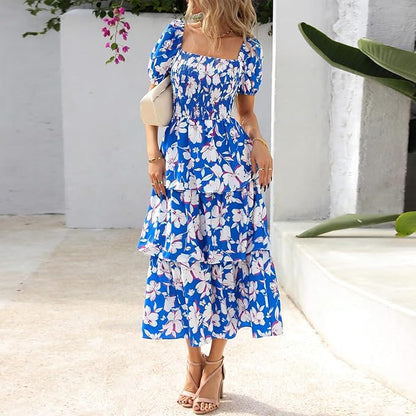Rosalie Floral Smocked Midi Dress — Square Neck Puff Sleeve Summer Dress for Women