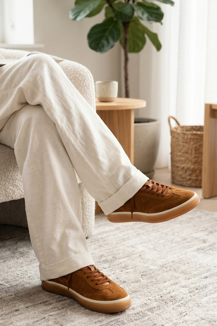 Model wearing Smith tan suede men's sneakers with sleek seven-eyelet design, crafted from premium suede for modern style, comfort, and durability