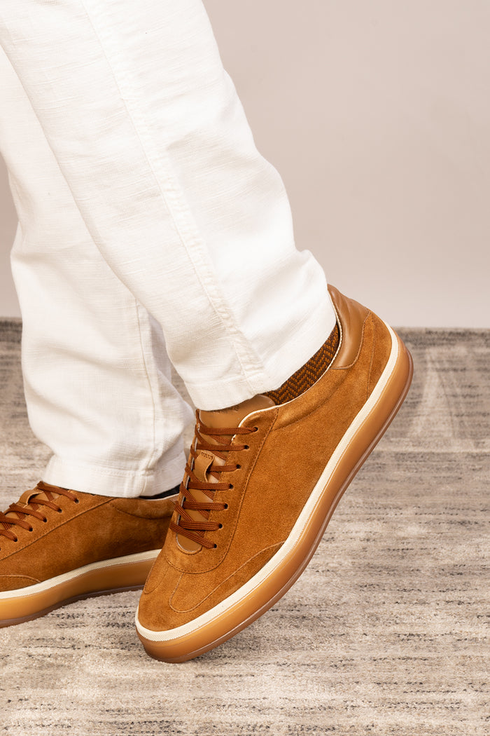 Smith tan suede men's sneakers with sleek seven-eyelet design, crafted from premium suede for modern style, comfort, and durability