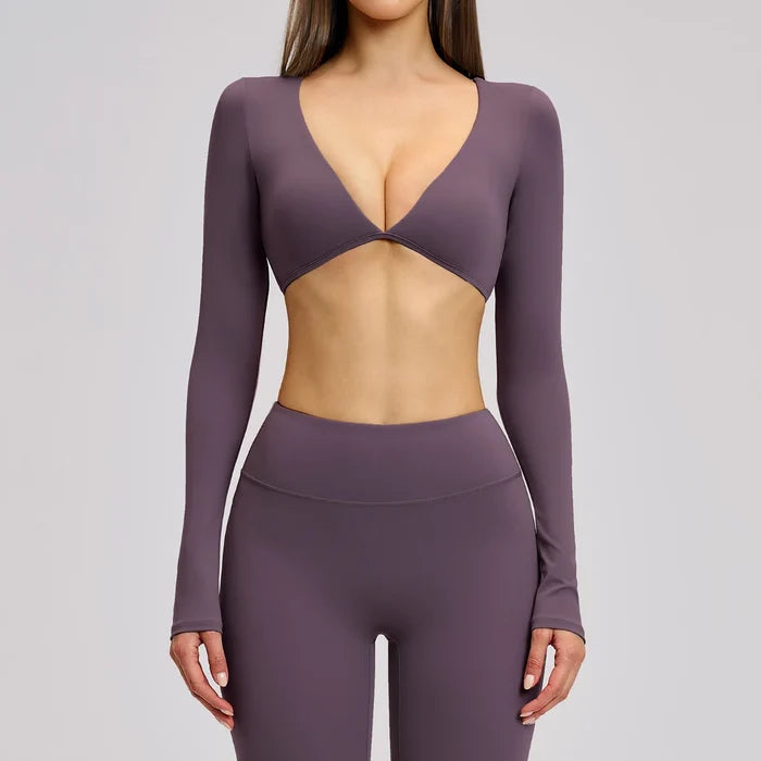 SPARK Casual Yoga Long Sleeve V-Neck Fashion Cropped Sport Top ZC4201
