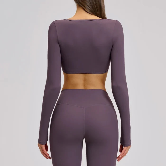 SPARK Casual Yoga Long Sleeve V-Neck Fashion Cropped Sport Top ZC4201