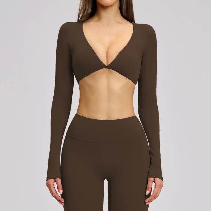 SPARK Casual Yoga Long Sleeve V-Neck Fashion Cropped Sport Top ZC4201