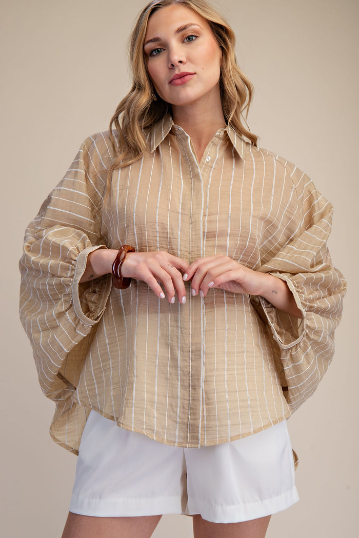 Spring Summer Button Down Sheer Stripe Shirt in Taupe