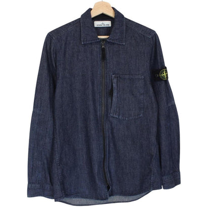 Stone Island navy blue denim overshirt jacket with full zip and logo patch.