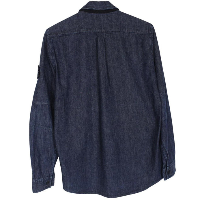 Stone Island navy blue denim overshirt jacket with full zip and logo patch.
