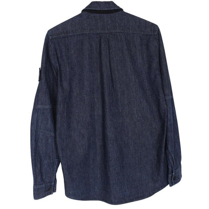 Stone Island navy blue denim overshirt jacket with full zip and logo patch.