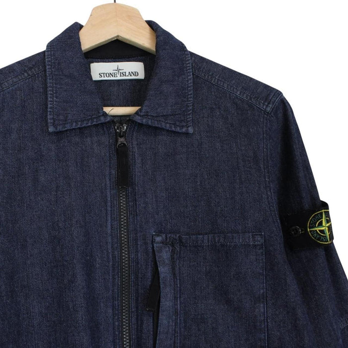 Stone Island navy blue denim overshirt jacket with full zip and logo patch.