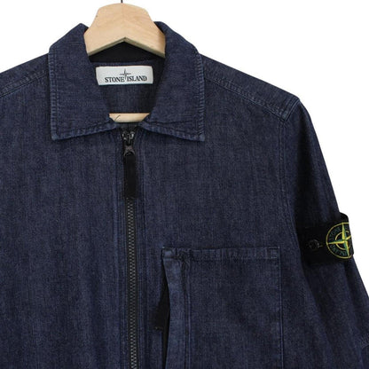 Stone Island navy blue denim overshirt jacket with full zip and logo patch.