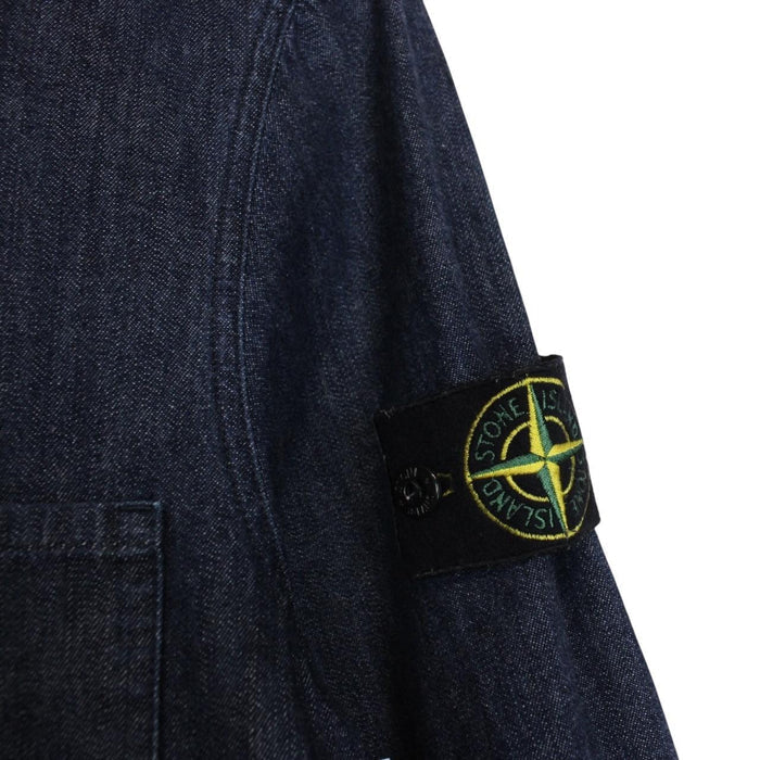 Stone Island navy blue denim overshirt jacket with full zip and logo patch.