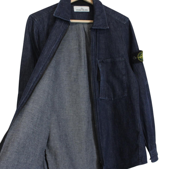 Stone Island navy blue denim overshirt jacket with full zip and logo patch.