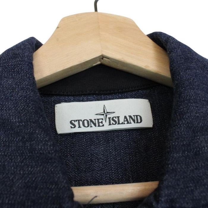 Stone Island navy blue denim overshirt jacket with full zip and logo patch.