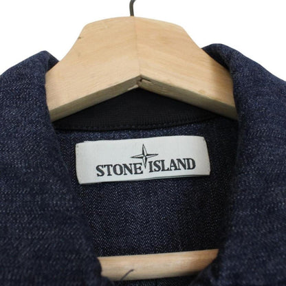 Stone Island navy blue denim overshirt jacket with full zip and logo patch.