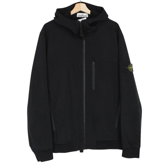 Stone Island black soft shell jacket with full zip and iconic compass logo.