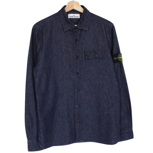 Stone Island navy blue denim overshirt with logo patch and button-up front.