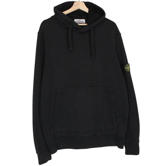 Stone Island black hoodie jumper with embroidered compass logo and cotton material.