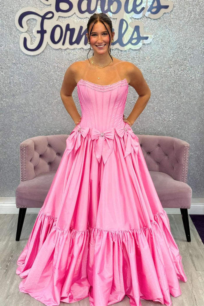 Strapless Beaded Yellow A-line Prom Dress with Bow