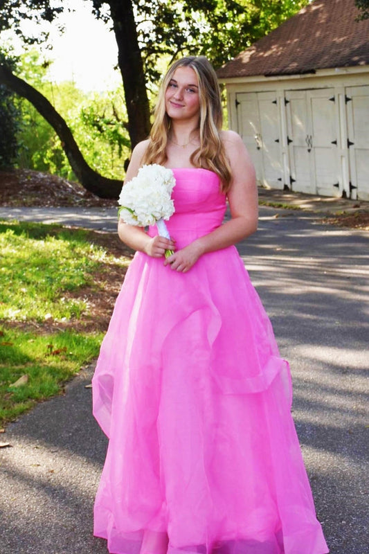 Strapless Pink Ruffled Hem A-line Long Dress
