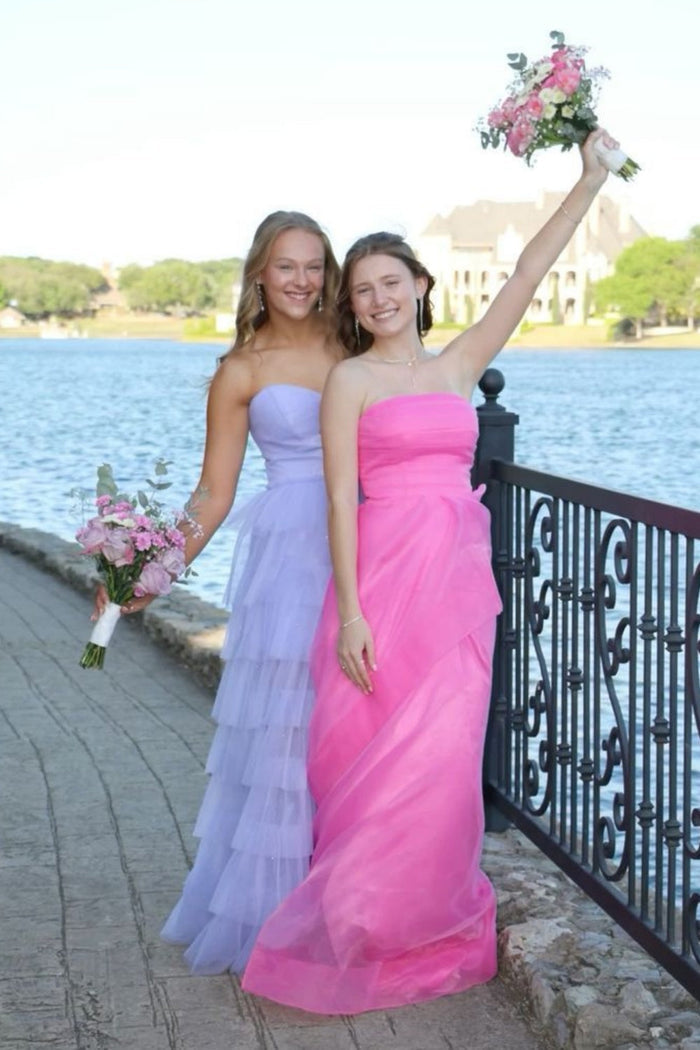Strapless Pink Ruffled Hem A-line Long Dress