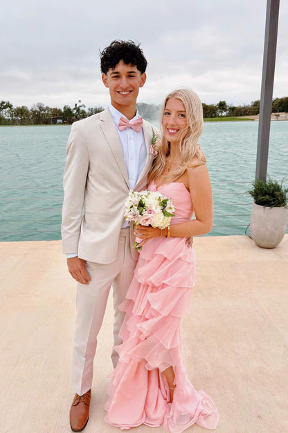Strapless Pink Tiered Rosette Keyhole A-line Formal Dress