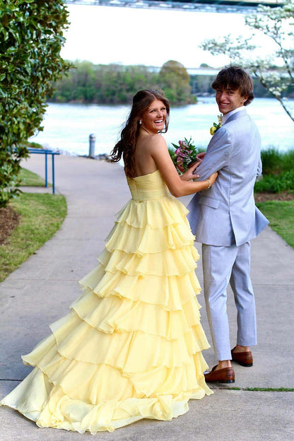 Strapless Pink Tiered Rosette Keyhole A-line Formal Dress