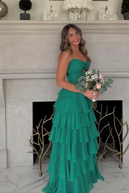 Strapless Pink Tiered Rosette Keyhole A-line Formal Dress