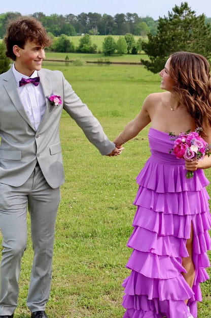 Strapless Purple Ruffle Tiered Long Dress with Slit