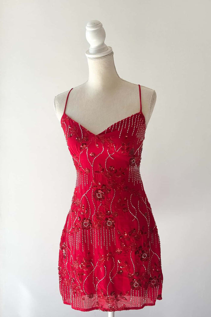 Straps Fuchsia Beaded Tight Mini Dress