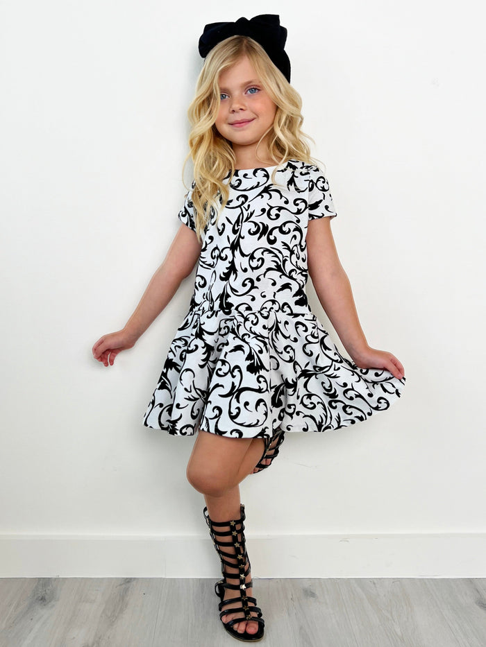 Kids Couture x Mia Belle Girls White Black Velvet Brocade Vine Dress