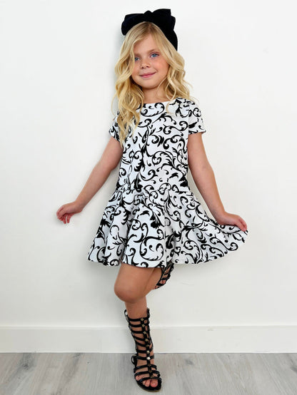 Kids Couture x Mia Belle Girls White Black Velvet Brocade Vine Dress