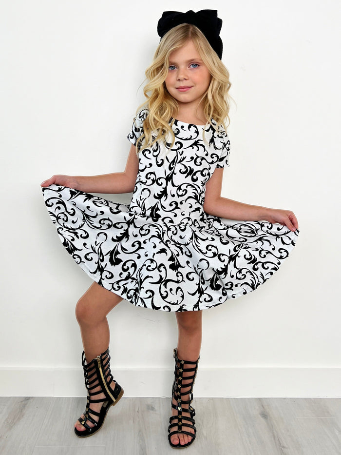 Kids Couture x Mia Belle Girls White Black Velvet Brocade Vine Dress