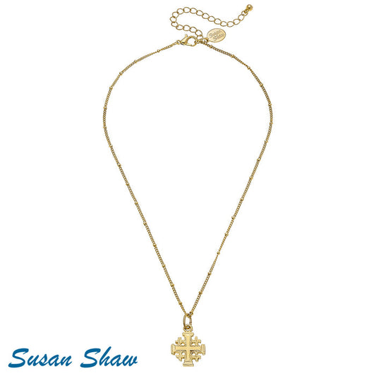 Susan Shaw Gold Jerusalem Cross on Beaded Chain Necklace
